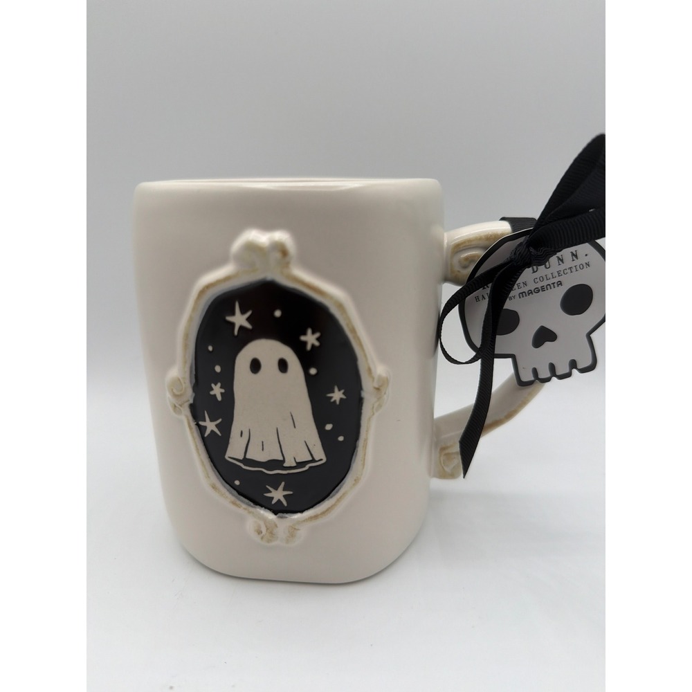 Rae Dunn BOO Ghost Cameo Halloween Mug Raised Frame Skull Tag